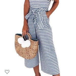 Women's Striped Waist Belted Wide Leg Jumpsuit SM